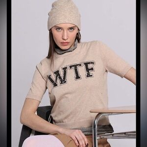 Minnie Rose “WTF” Distressed Short-Sleeve Sweater – Size XL (NWT)